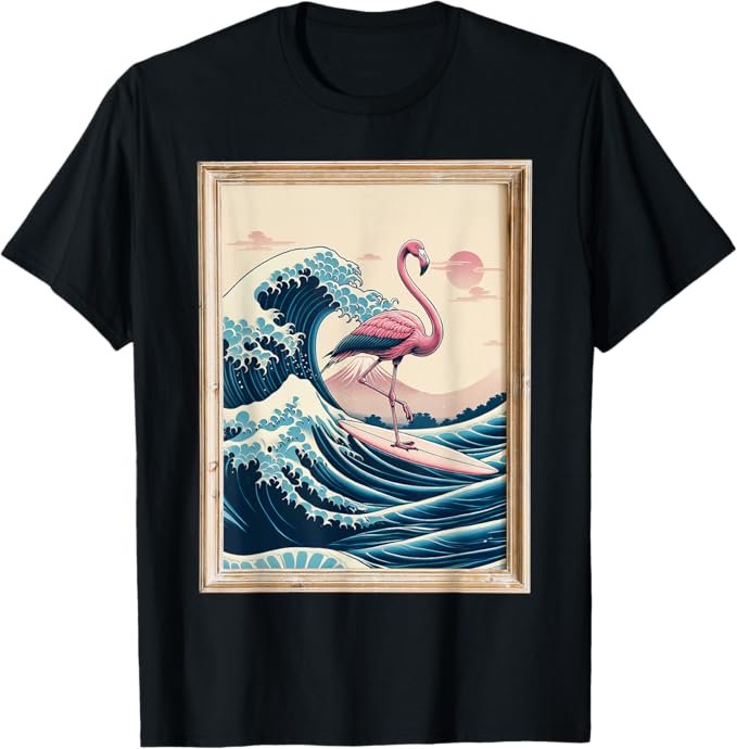 Surfing Flamingo Japanese Wave Shirt